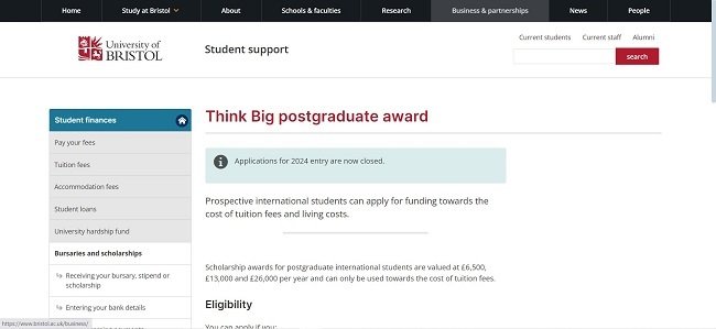 University of Bristol Think Big Postgraduate Scholarship Official Website