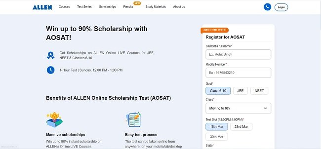 Allen Scholarship Online Test Official Website